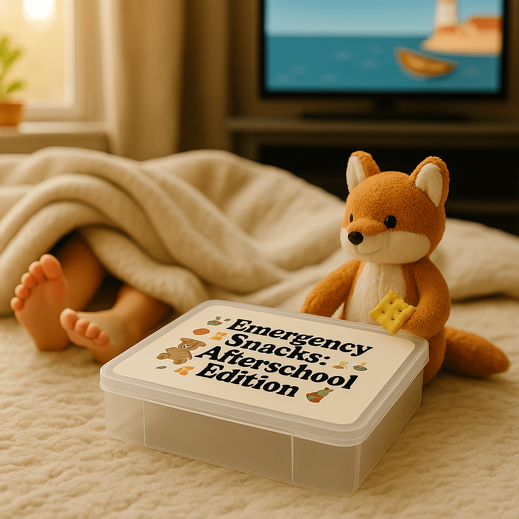 A child's feet peek from under a blanket as a stuffed fox holds a cracker beside the Mirabilia Boutique Afterschool Snackbox for Kids | Emergency Snacks Organizer. In the background, a TV displays a beach scene.