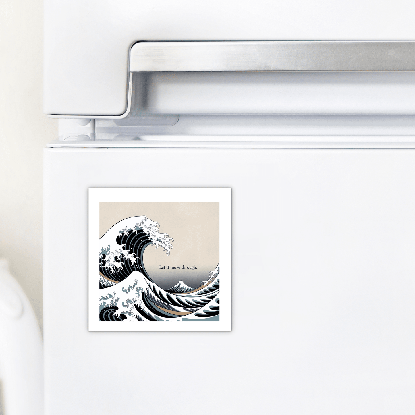 The Let It Move Through Magnet – Storm & Stillness Quote from Mirabilia Boutique features a square wave design and the phrase "Let it move through."—an inspiring refrigerator magnet for emotional healing.