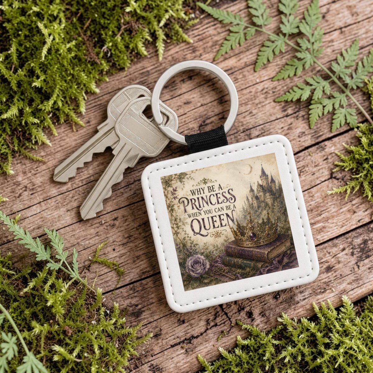 A square PU leather keychain from Mirabilia Boutique, the "Why Be a Princess When You Can Be a Queen Keychain," featuring fantasy artwork with a crown, flowers, and a castle, rests on moss and fern leaves alongside two keys. The fairytale design reads: "Why be a princess when you can be a queen.