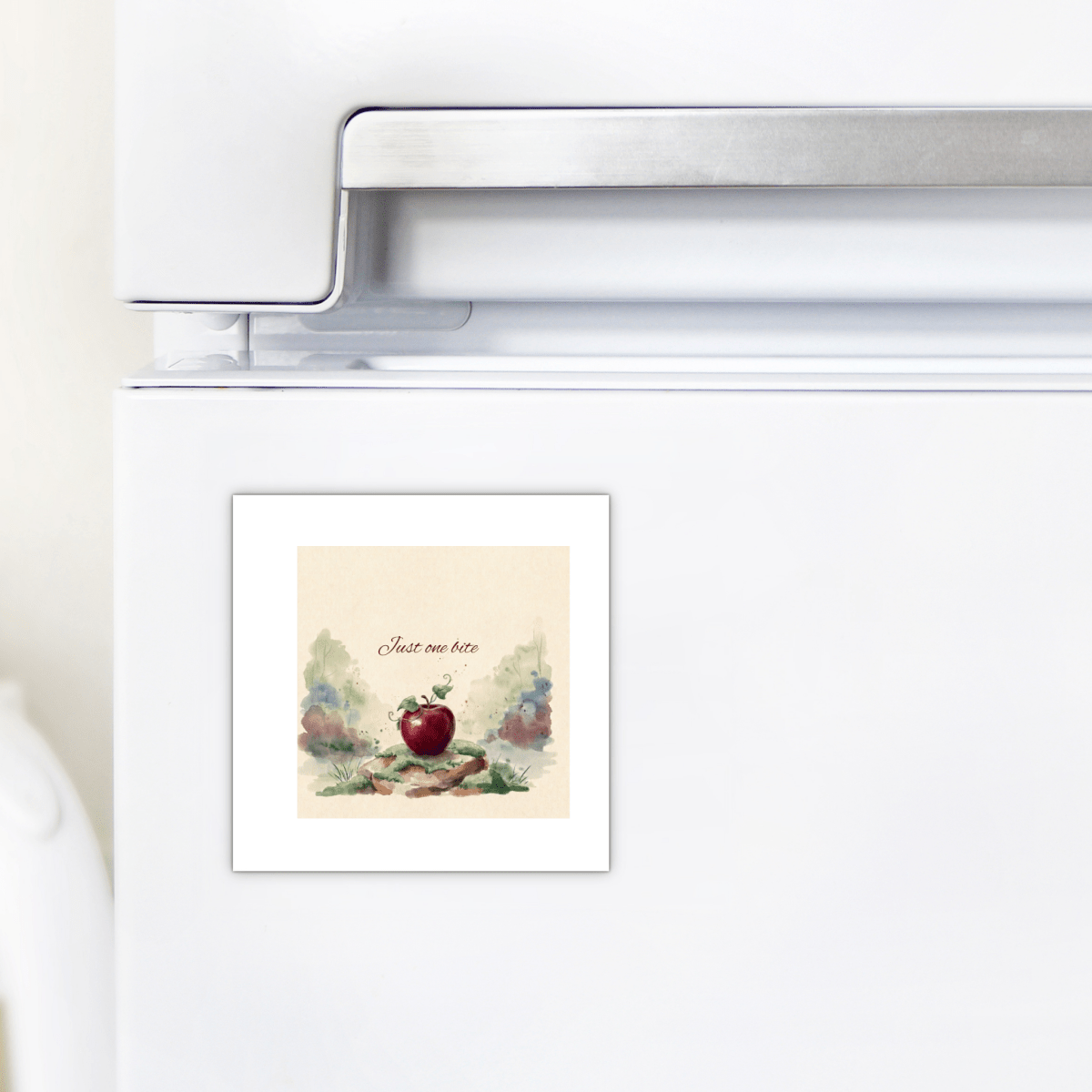 Add a unique fairy tale touch to your fridge with the Just One Bite Fairy Tale Apple Magnet from Mirabilia Boutique. This handcrafted square magnet features an illustration of a red apple with a bite taken out, surrounded by leaves and soft, dreamy colors. The phrase “Just one bite” appears above the apple, making it a charming cottagecore accent for any home décor.