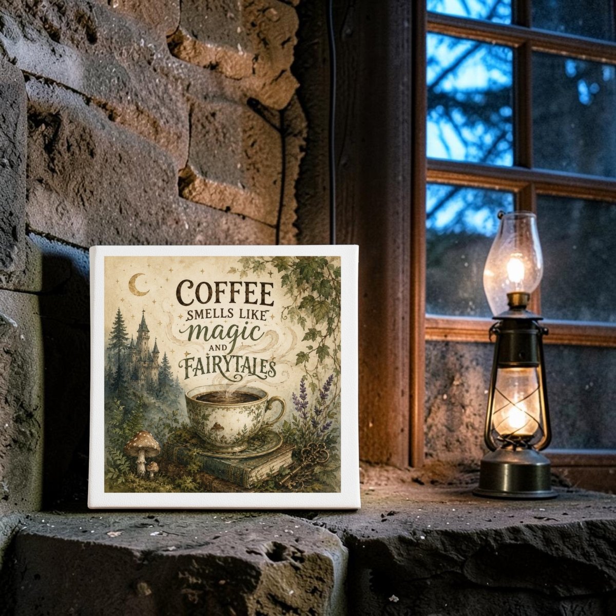 A framed Mirabilia Boutique Coffee Smells Like Magic Coffee Bar Shelf Sitter, featuring a charming teacup and forest design, rests on a stone windowsill beside a glowing oil lamp, filling the space with warmth and wonder. This enchanting coffee decor accent is inscribed with "Coffee smells like magic and fairytales.