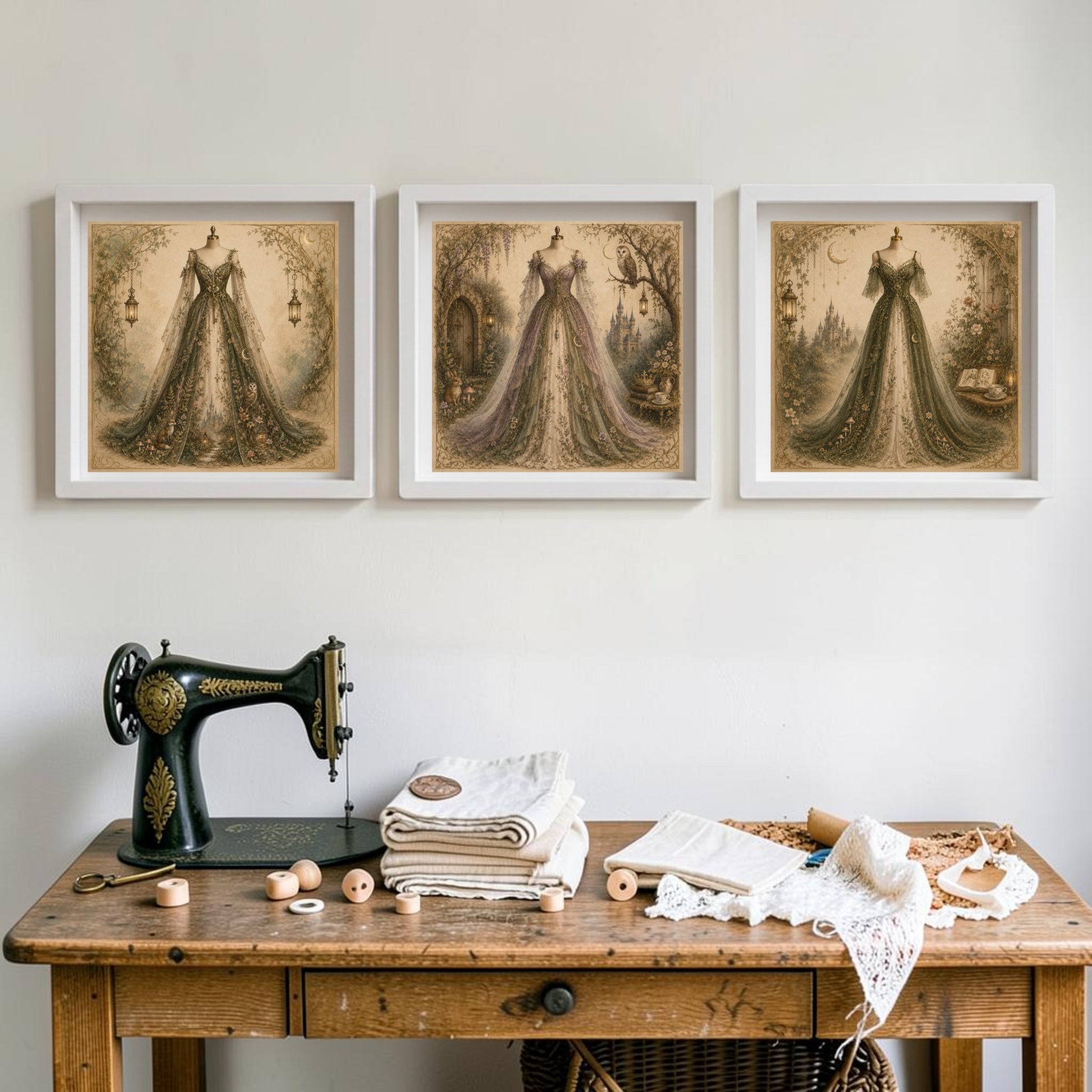 A vintage sewing table adorned with a sewing machine, fabrics, and spools sits beneath Mirabilia Boutique’s Enchanted Hollow | Curated Couture Artwork—an exquisite collection of ornate dress designs displayed in elegant frames against a white wall.
