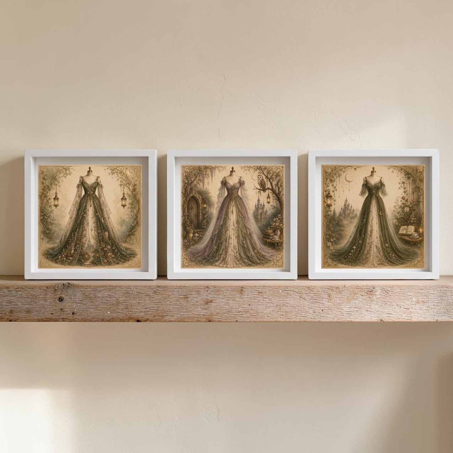 Three framed prints from Mirabilia Boutique’s Enchanted Hollow | Curated Couture Artwork collection are displayed on a wooden shelf against a beige wall. Each piece showcases elegant, vintage-style gowns in magical settings with intricate details and soft, muted colors—an enchanting addition to any framed canvas collection.