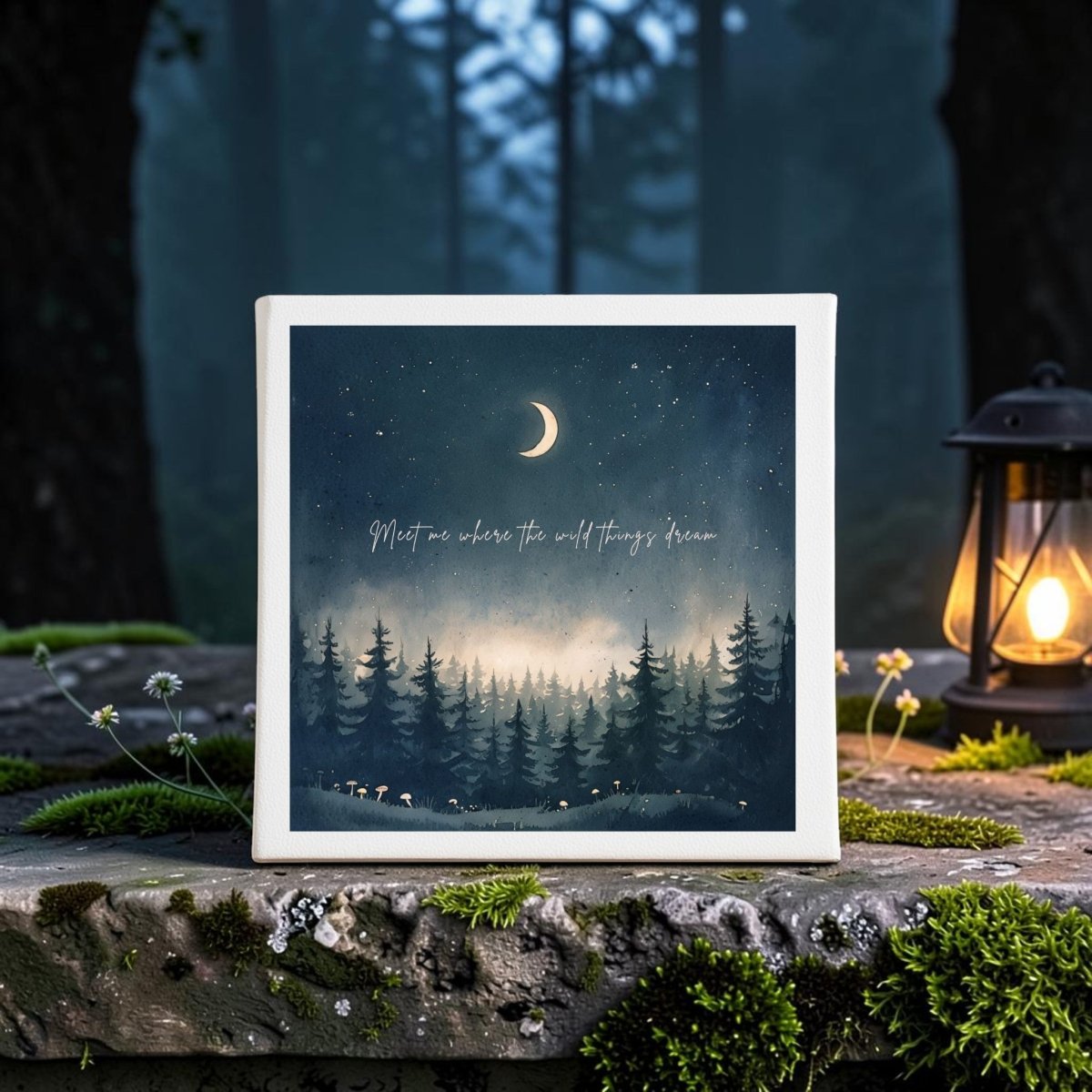 The Meet Me Where the Wild Things Dream Canvas by Mirabilia Boutique features crescent moon artwork over a pine forest and the caption “Meet me where the wild things dream.” Displayed on a mossy stone table beside a glowing lantern, this enchanting piece of moonlit forest wall art adds celestial charm to your favorite woodland-inspired decor.