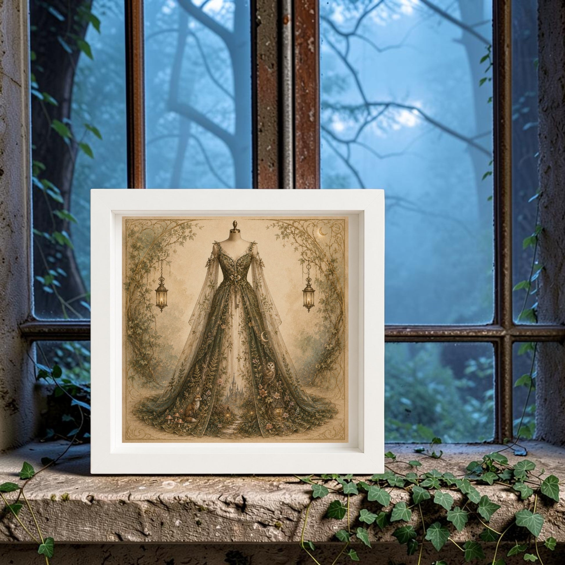 A framed couture artwork titled "Woodland Whisper" by Mirabilia Boutique rests on a windowsill overgrown with ivy, with a misty, blue-tinged forest unfolding through the antique window behind it—a captivating vision from their Enchanted Hollow Collection.