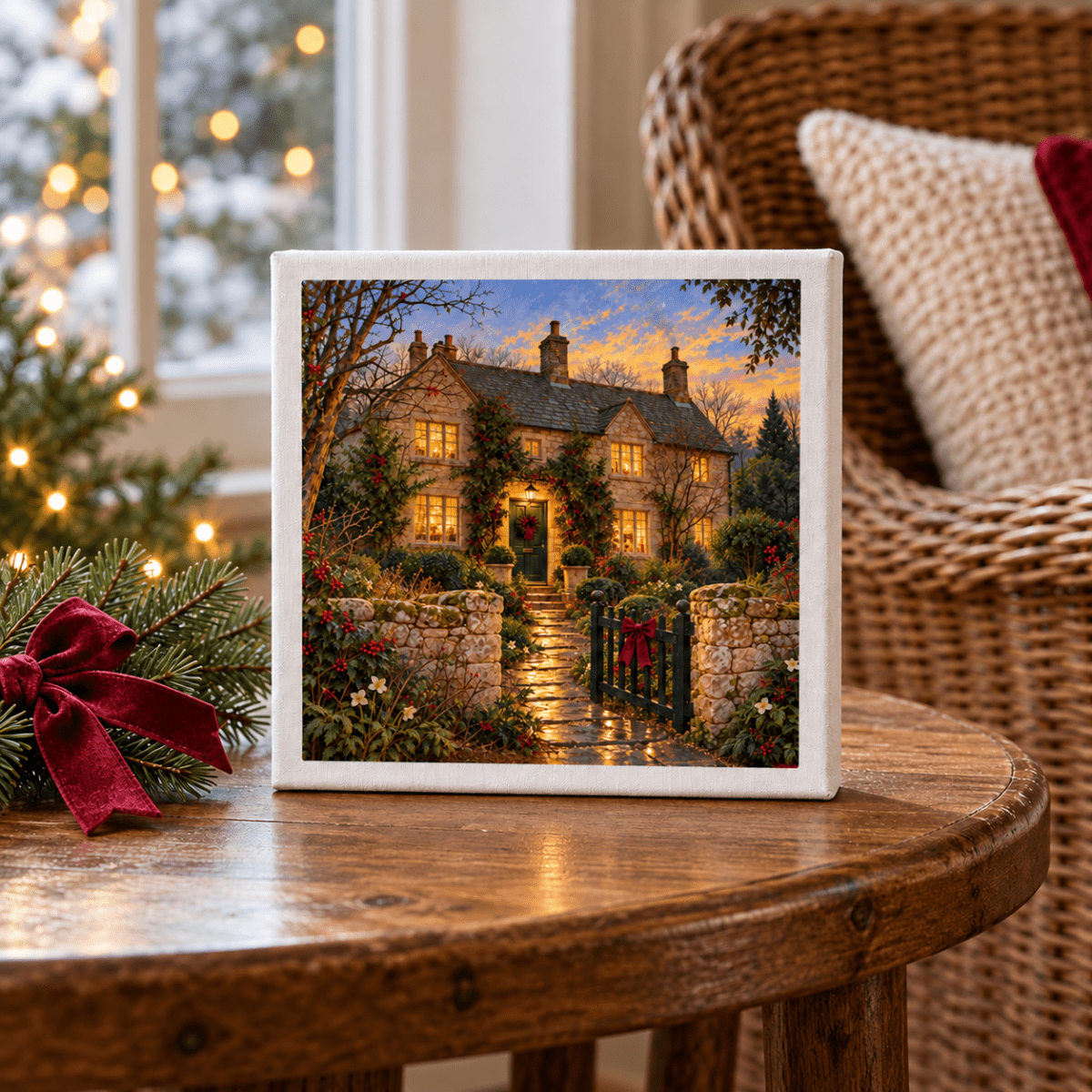 A Christmas at the Gable Canvas print of a stone cottage at dusk with a lantern-lit path sits on a wooden table, displayed alongside a sprig of greenery with a red bow.