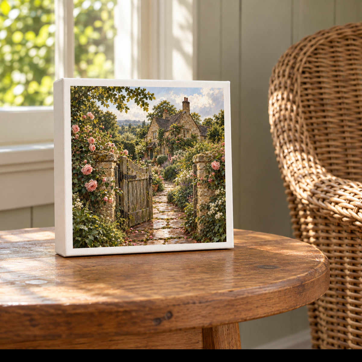The Beyond the Garden Gate Canvas by Mirabilia Boutique, a square print of a painting featuring an English cottage with pink climbing roses nestled behind an open garden gate, sitting on a round wooden table.