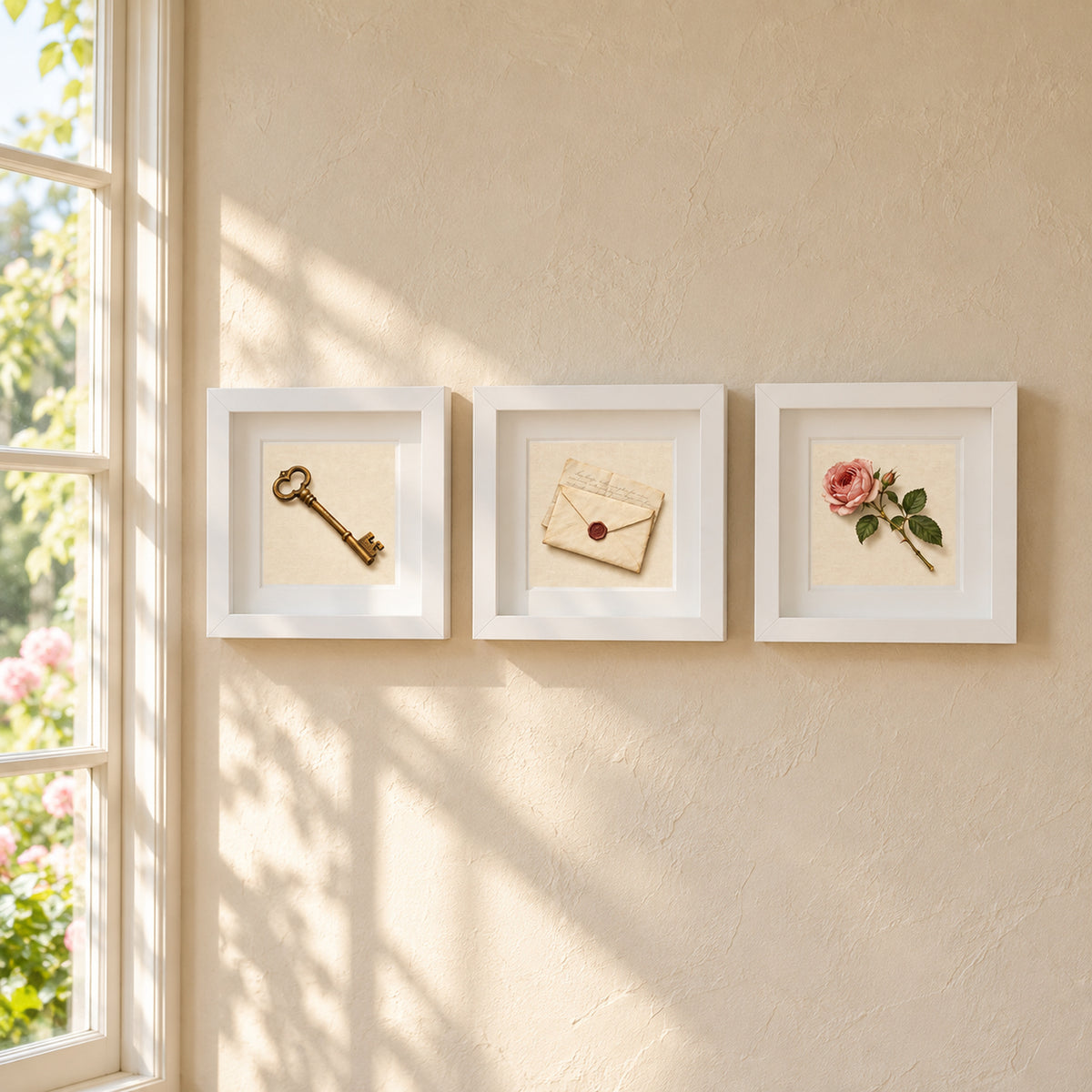 Three white shadowbox frames from The Things We Keep | Mirabilia Relics collection hang on a beige wall, displaying a skeleton key, a sealed envelope, and a single pink rose as a gallery-inspired grouping.