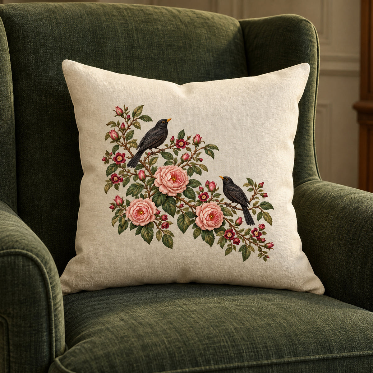 Rambling Rose Botanical Pillow featuring an illustration of two black birds perched among pink roses and green foliage on a green armchair.