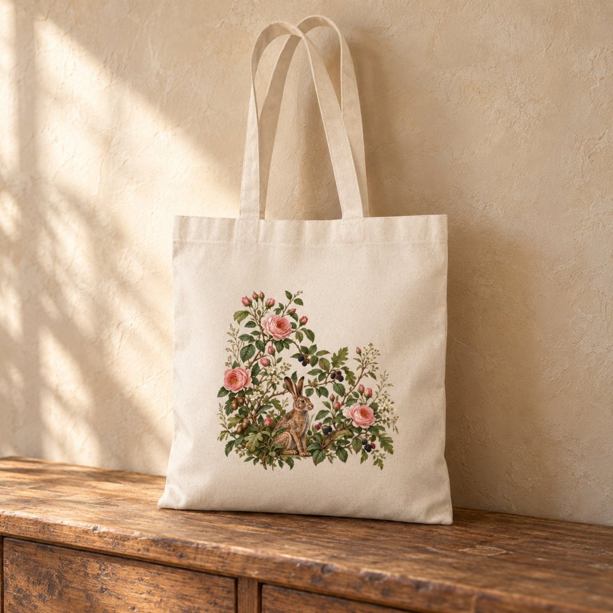 Hedgerow Walk Hare Tote Bag from Mirabilia Boutique featuring a botanical illustration of a hare surrounded by pink roses and berries.