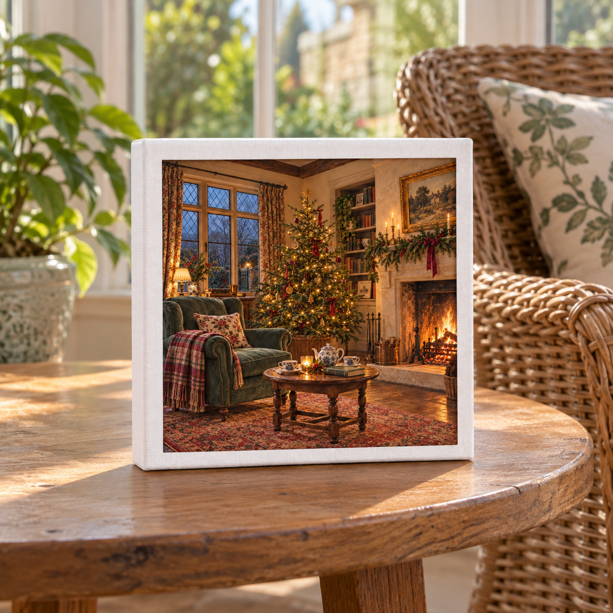 The Room Is Ready Canvas by Mirabilia Boutique, a square art print of a cozy English sitting room with a lit fireplace, decorated Christmas tree, and green armchair, displayed on a wooden table.