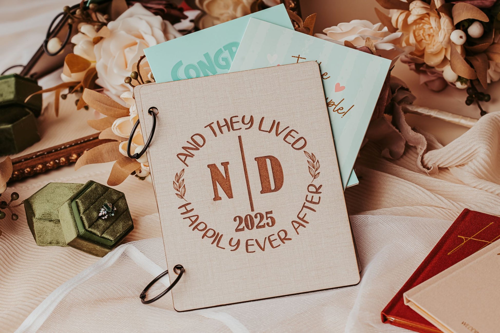 The Mirabilia Boutique Wedding Card Keepsake Binder | Personalized Memory Book in beige, engraved with “And they lived happily ever after N | D 2025,” is the perfect wedding card keepsake for cherished memories.