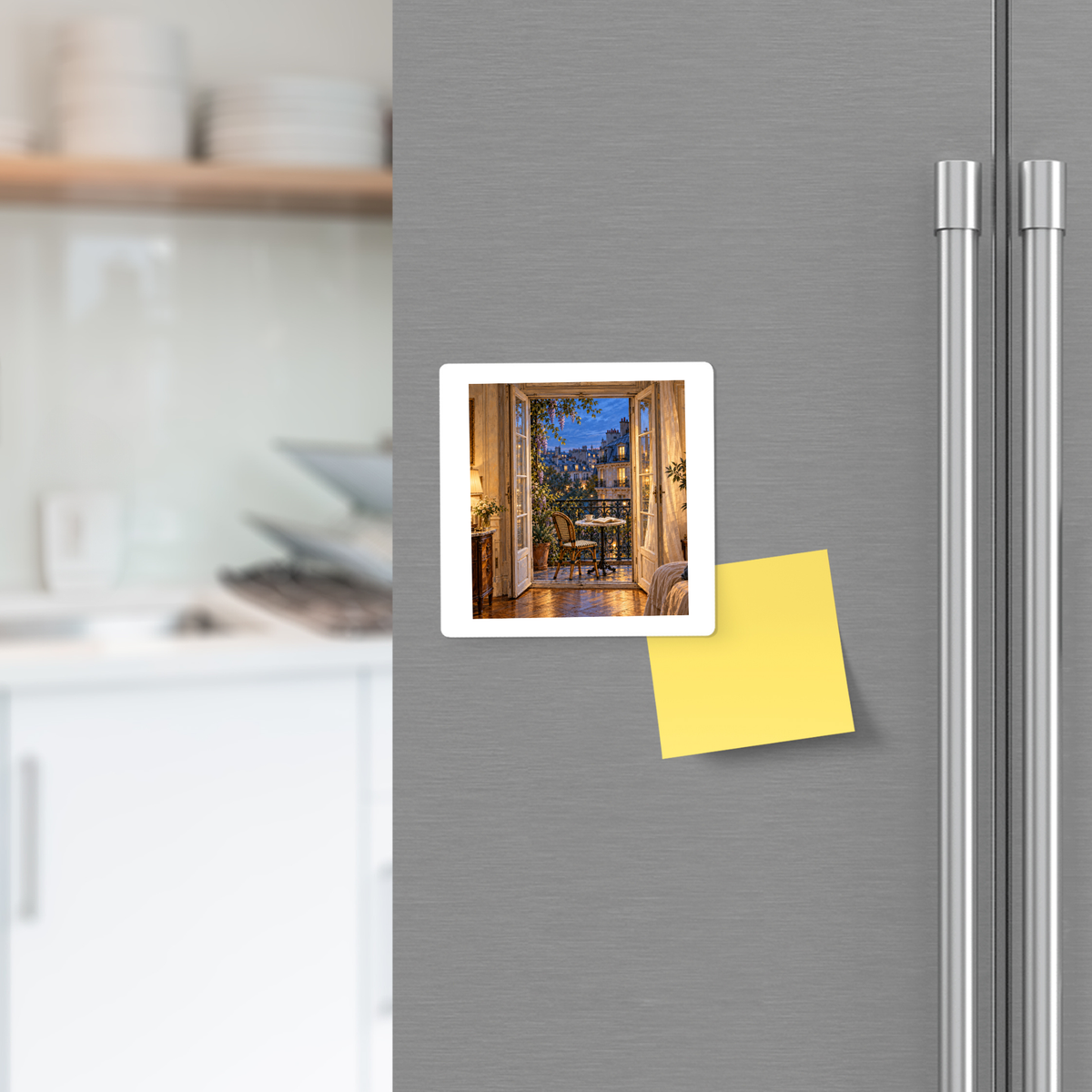 Blue Hour on the Balcony Magnet by Mirabilia Boutique, a square decorative hardboard magnet on a stainless steel refrigerator showing an open balcony door overlooking a Paris street at twilight, with a yellow sticky note beside it.