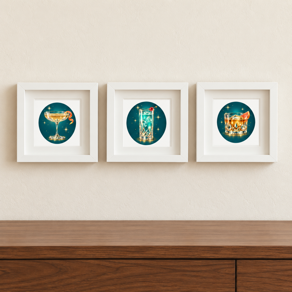 Three “An Evening at the Stardust | Mirabilia Relics” prints by Mirabilia Boutique hang on a beige wall above a wooden cabinet, each featuring art deco cocktails with stars and sparkles on dark green backgrounds in gold shadowbox frames.