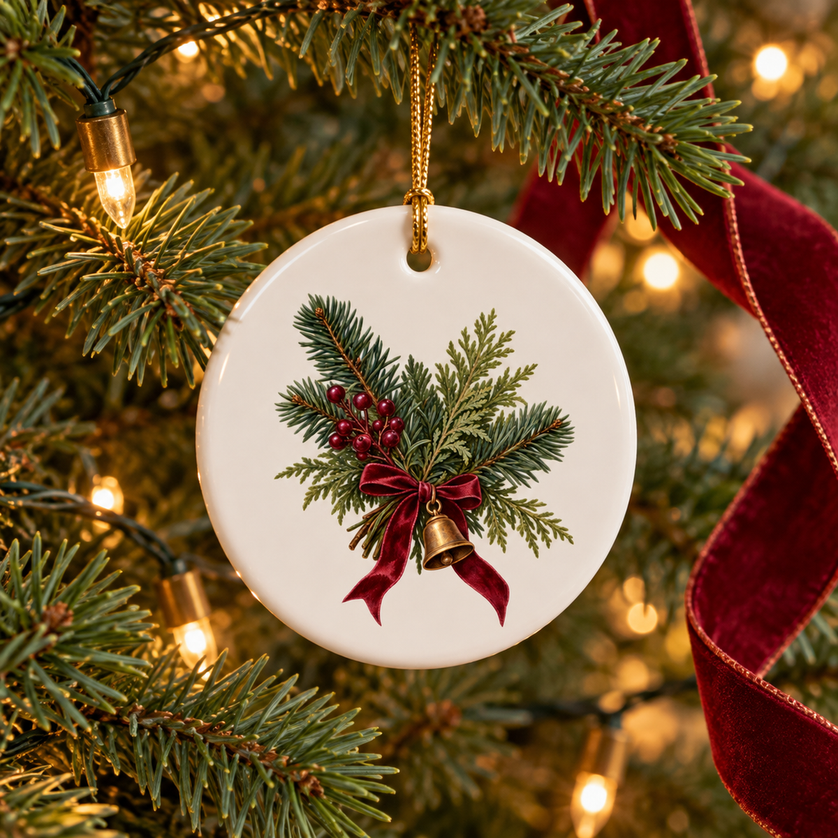 A round white ceramic A Little Evergreen for Home Ornament by Mirabilia Boutique, decorated with painted evergreen branches, red berries, a small gold bell, and a red bow, hanging on a Christmas tree.