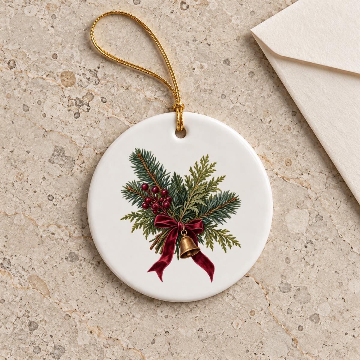 A Little Evergreen for Home Ornament by Mirabilia Boutique, featuring a round white ceramic ornament with a painted evergreen sprig, red berries, a small gold bell, and a red ribbon bow, hanging by a gold cord.