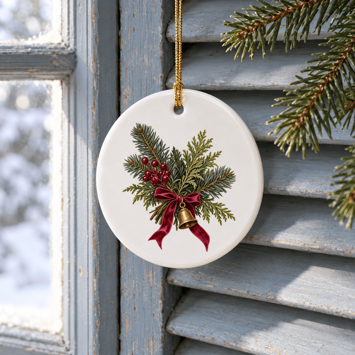 A Little Evergreen for Home Ornament by Mirabilia Boutique, featuring a round white ceramic design with evergreen branches, red berries, a gold bell, and a red ribbon, hanging against a blue shutter.