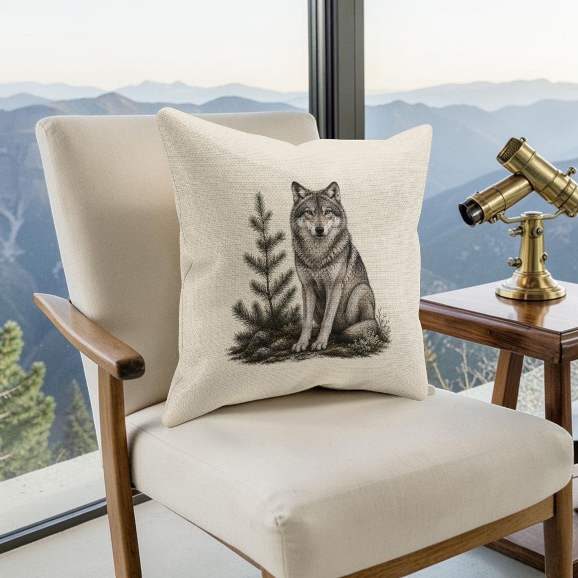 A white armchair with a cushion showcasing the Evergreen Wolf Decorative Pillow | 16x16 by Mirabilia Boutique—illustrated with a wolf and pine trees—sits by a large window overlooking mountain views. Nearby, a brass telescope rests on a small side table.