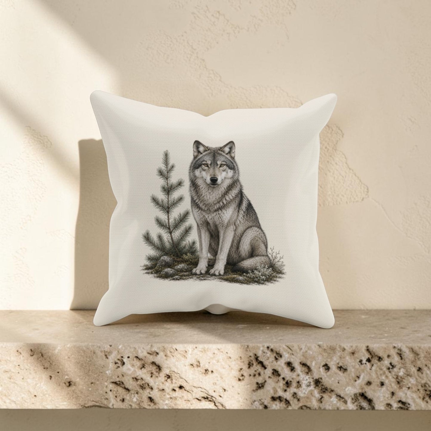 Introducing the Evergreen Wolf Decorative Pillow | 16x16 by Mirabilia Boutique—a white pillow showcasing a lifelike wolf illustration seated beside a small pine tree. Set atop a textured stone shelf, with gentle shadows cast against a light beige wall, this woodland decorative pillow effortlessly infuses your space with the captivating charm of wildlife art, making it an ideal accent for any cozy home.