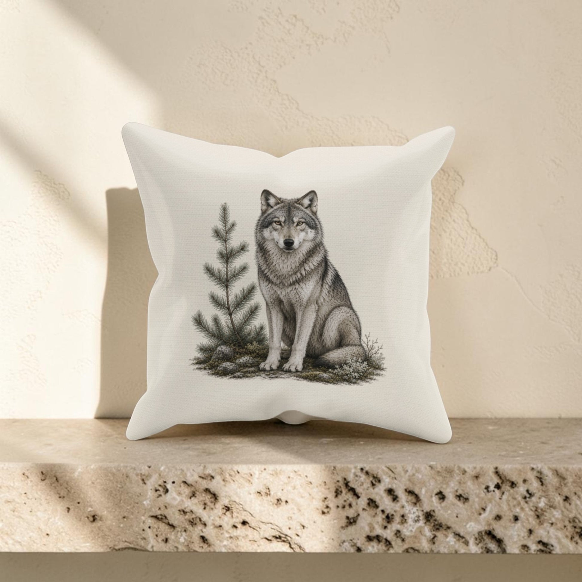 Introducing the Evergreen Wolf Decorative Pillow | 16x16 by Mirabilia Boutique—a white pillow showcasing a lifelike wolf illustration seated beside a small pine tree. Set atop a textured stone shelf, with gentle shadows cast against a light beige wall, this woodland decorative pillow effortlessly infuses your space with the captivating charm of wildlife art, making it an ideal accent for any cozy home.