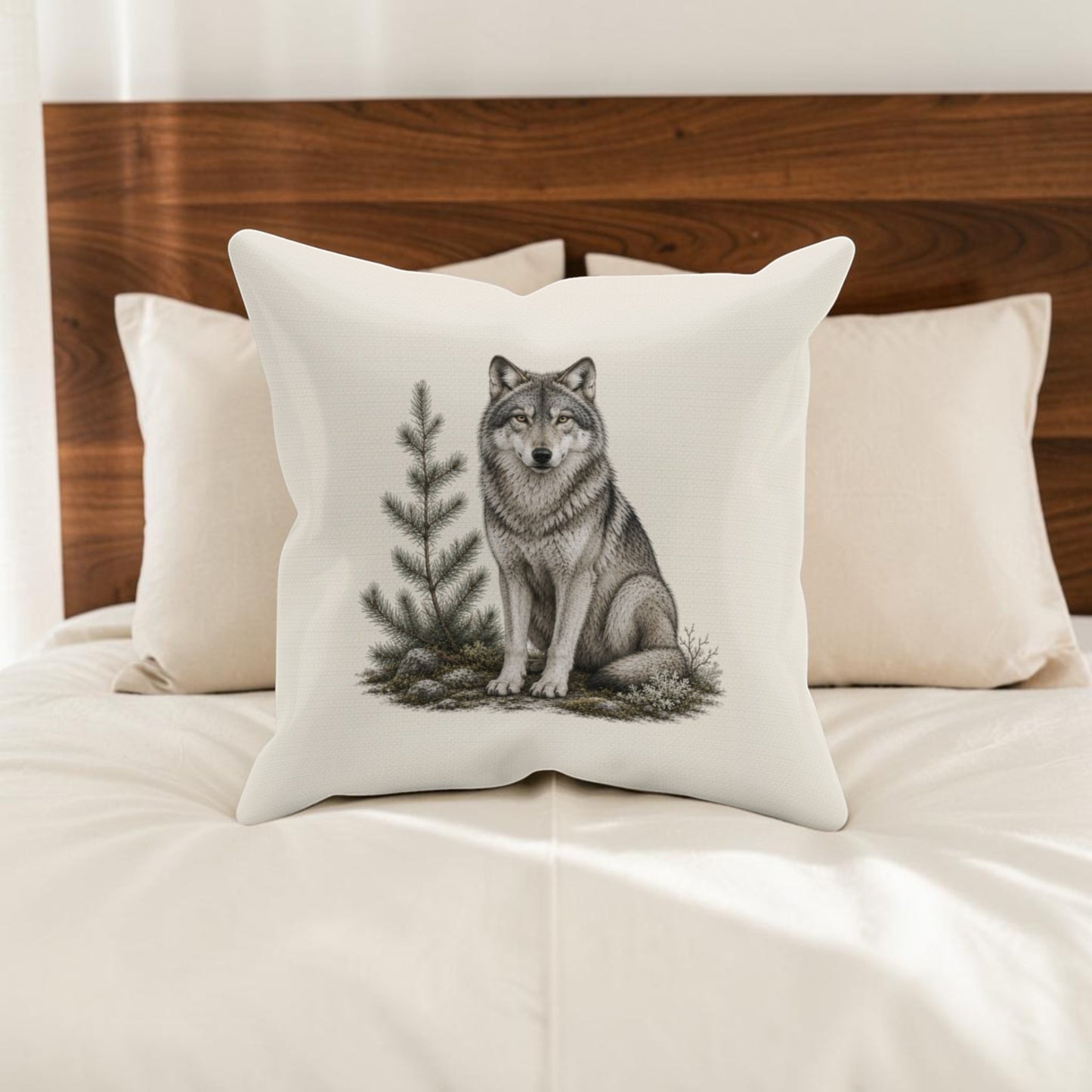 A Mirabilia Boutique Evergreen Wolf Decorative Pillow | 16x16, adorned with an illustration of a wolf beside a small pine tree, rests on a neatly made bed with crisp white bedding and a wooden headboard.
