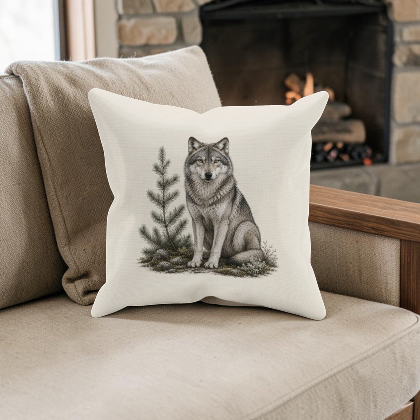 The Mirabilia Boutique Evergreen Wolf Decorative Pillow | 16x16, showcasing an illustration of a gray wolf beside a small pine tree on a white background, is placed on a beige sofa in front of a lit stone fireplace.
