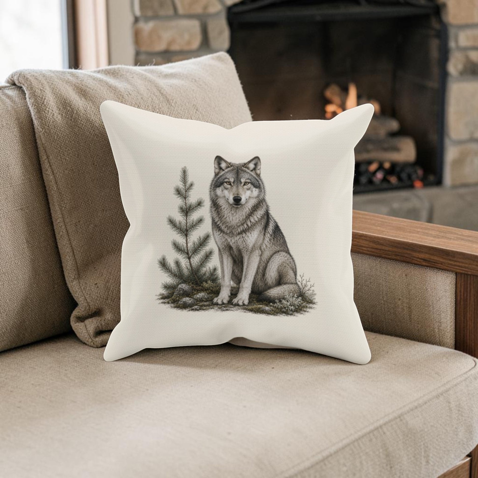 The Mirabilia Boutique Evergreen Wolf Decorative Pillow | 16x16, showcasing an illustration of a gray wolf beside a small pine tree on a white background, is placed on a beige sofa in front of a lit stone fireplace.