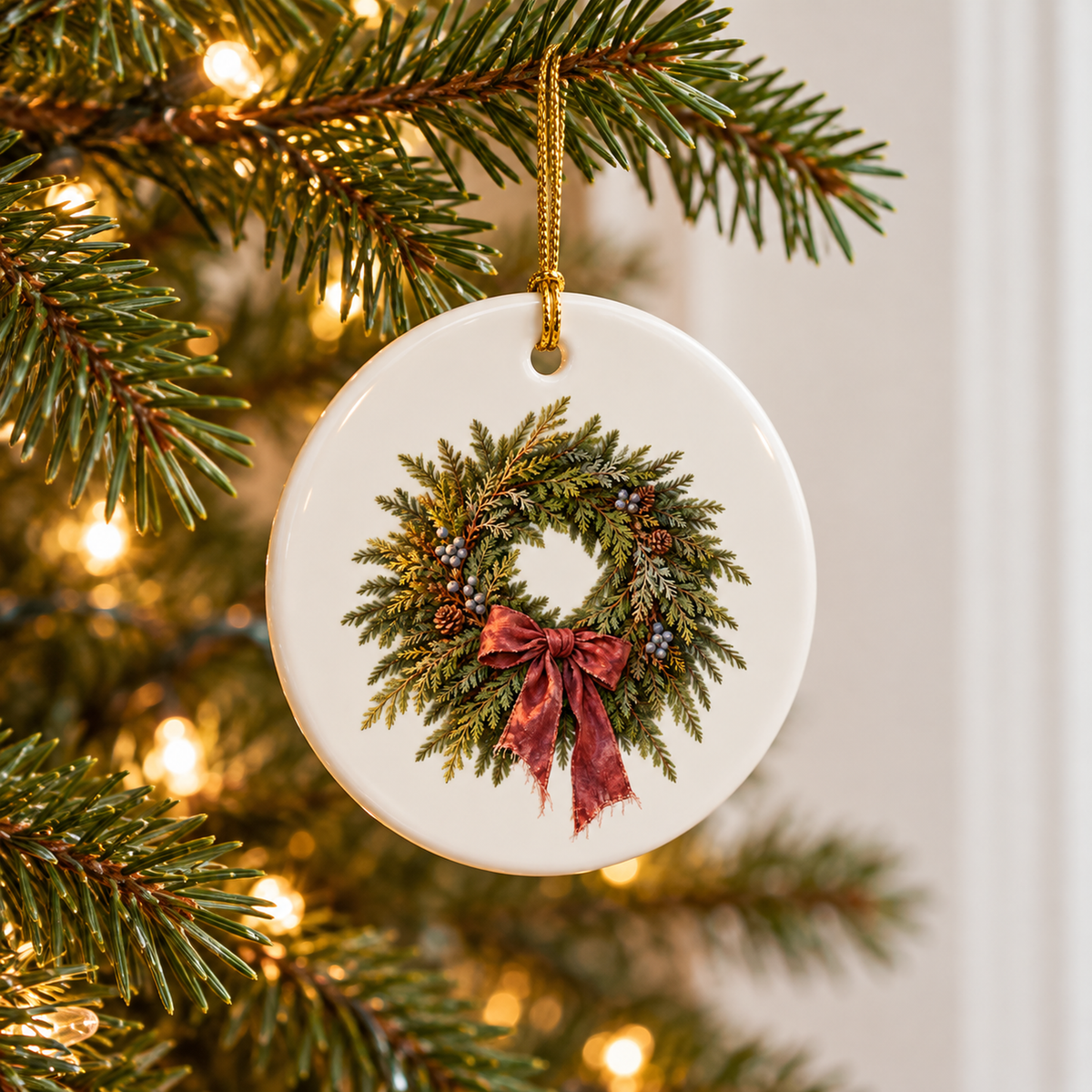 The Harbor Door Wreath Ornament by Mirabilia Boutique is a round white ceramic Christmas ornament featuring a coastal wreath illustration with a red ribbon, hanging on a pine tree branch.