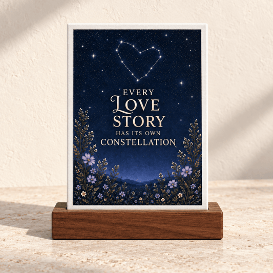 Every Love Story Constellation Mini Sign in a wooden base featuring a dark starry sky with a heart-shaped constellation and the text “Every love story has its own constellation” above purple flowers.