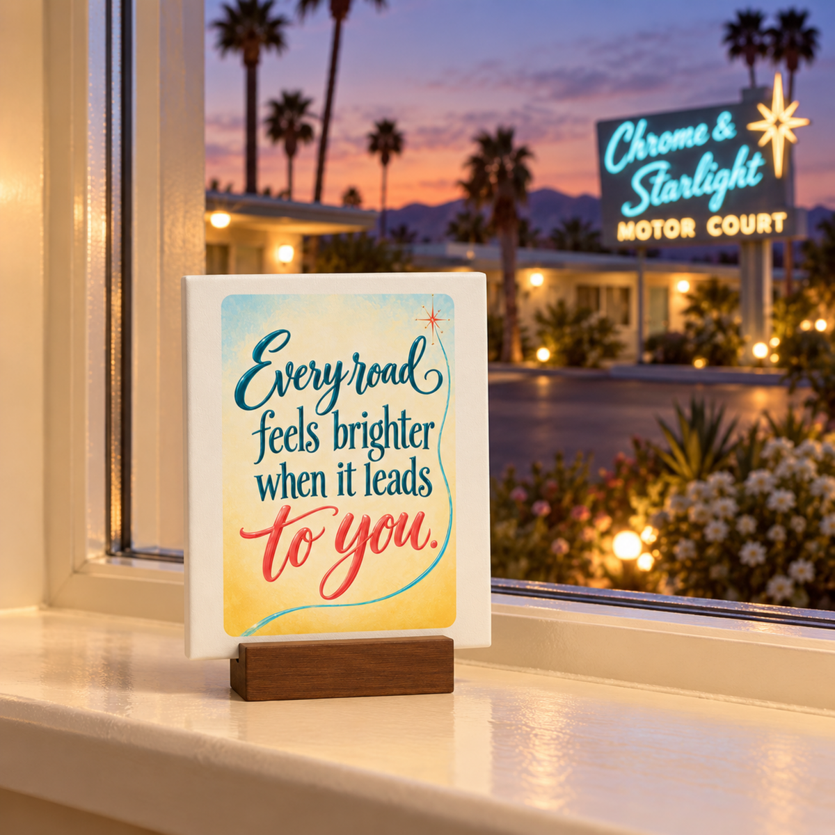 An Every Road Feels Brighter Mini Sign | Chrome & Starlight displayed on a wood base on a window ledge overlooking a motel at dusk.