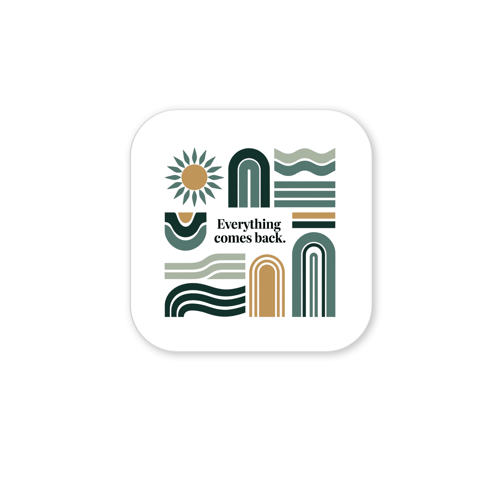 The "Everything Comes Back Magnet – Earth Tone Affirmation" by Mirabilia Boutique features abstract arches, lines, waves, and a sun in green, tan, and white—adding calming mid-century modern style and inspiration to your fridge.