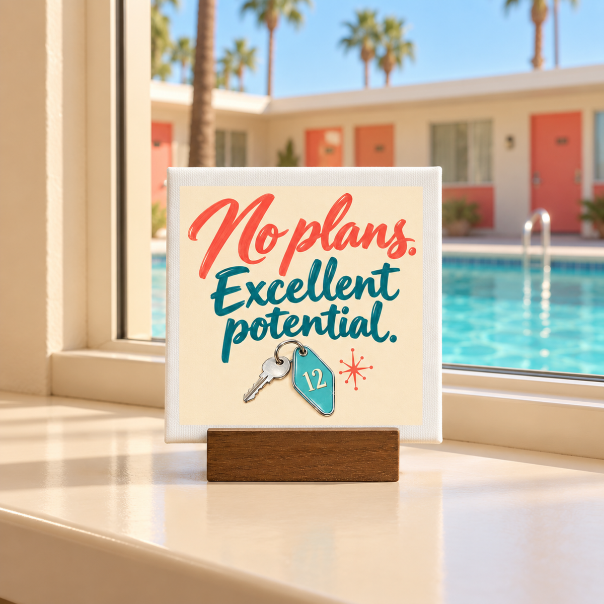 No Plans, Excellent Potential Mini Sign | Chrome & Starlight: a small square desk sign on a wooden stand reading “No plans. Excellent potential.” with an illustration of a room key numbered 12 and a starburst icon.