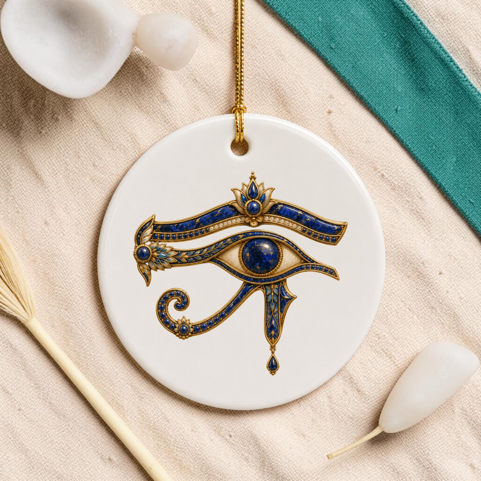 The Eye of Horus Ornament | Egyptian Ceramic Ornament by Mirabilia Boutique features a round white ceramic design adorned with intricate blue and gold detailing inspired by the ancient Egyptian symbol of protection and good health. Suspended from a gold cord, this striking ornament rests on a beige textured cloth alongside white stones and a green fabric strip. The rich lapis and gold accents make this Eye of Horus ornament from Mirabilia Boutique truly captivating.