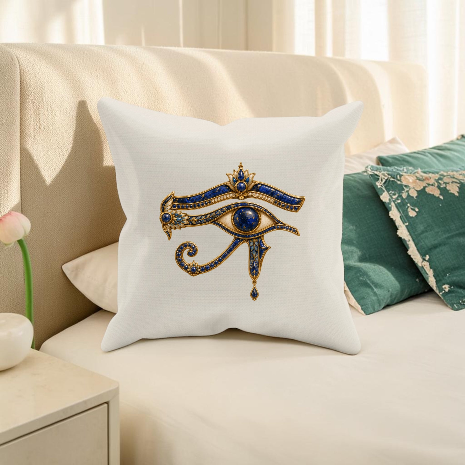 The Mirabilia Boutique Eye of Horus Decorative Pillow | Egyptian Home Decor, featuring an ornate blue and gold Eye of Horus design on white fabric, rests elegantly on a bed with beige upholstery and green accent pillows; a pink tulip on the bedside table completes the look with a touch of Egyptian-inspired charm.