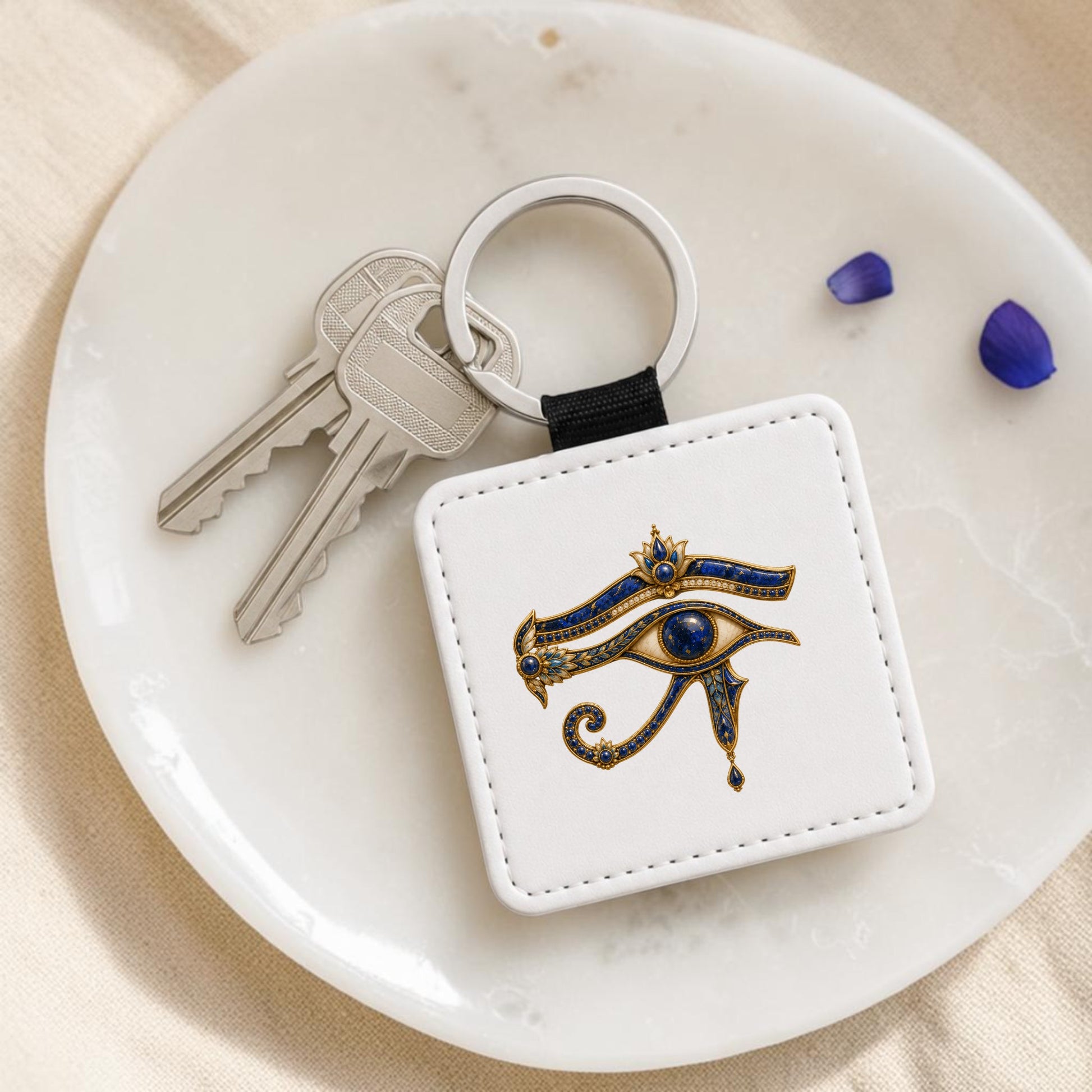 The Eye of Horus Keychain | Ancient Egyptian Keepsake by Mirabilia Boutique, featuring a striking gold and lapis blue design on a white background, rests atop a marble plate beside two silver keys and delicate blue flower petals—capturing the mystique of this iconic symbol.