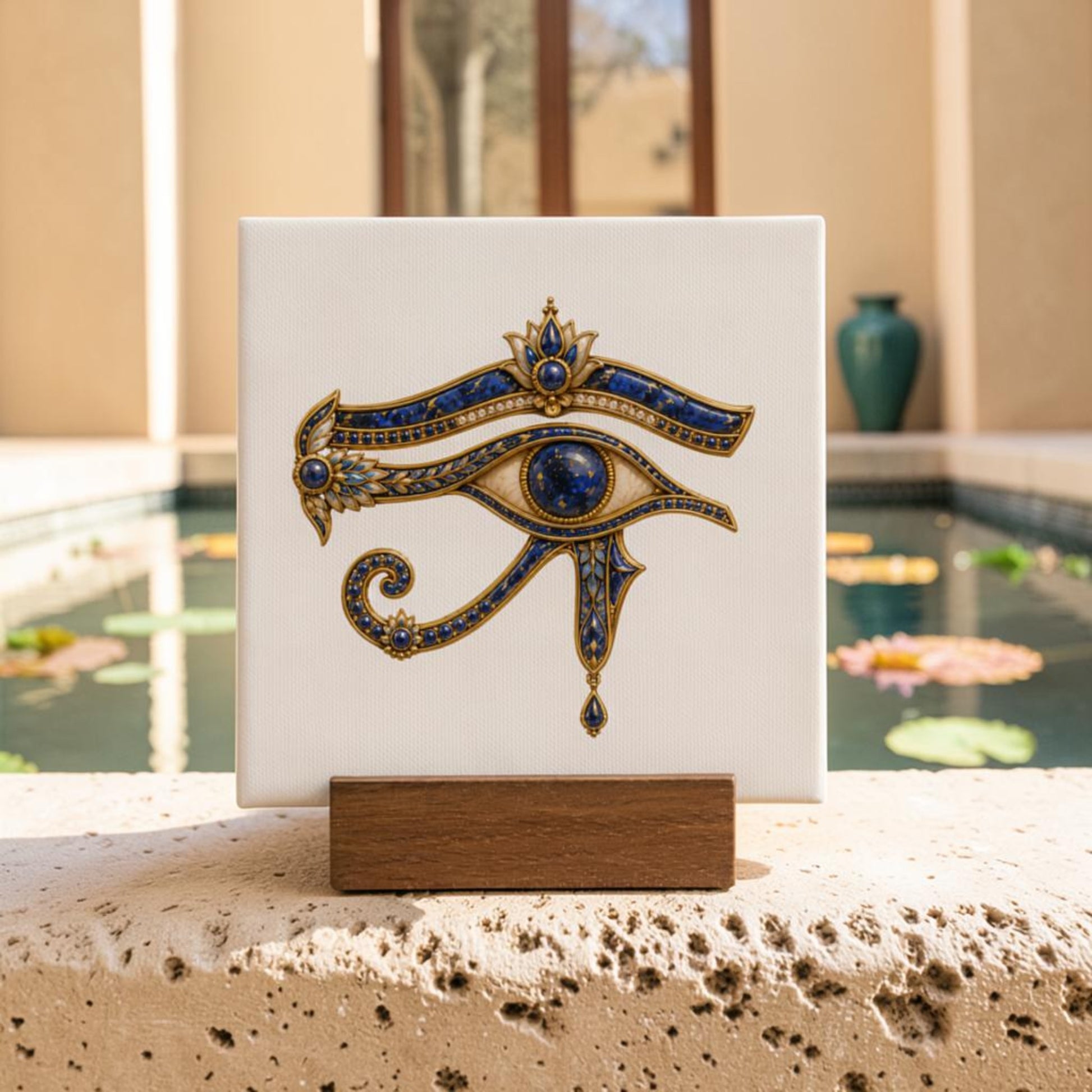 The Eye of Horus Mini Sign by Mirabilia Boutique, an eye-catching piece of ancient Egyptian decor adorned with lapis and gold accents in a jeweled design, is showcased on a wooden stand by a stone edge, with a pond and water lilies providing a serene backdrop.