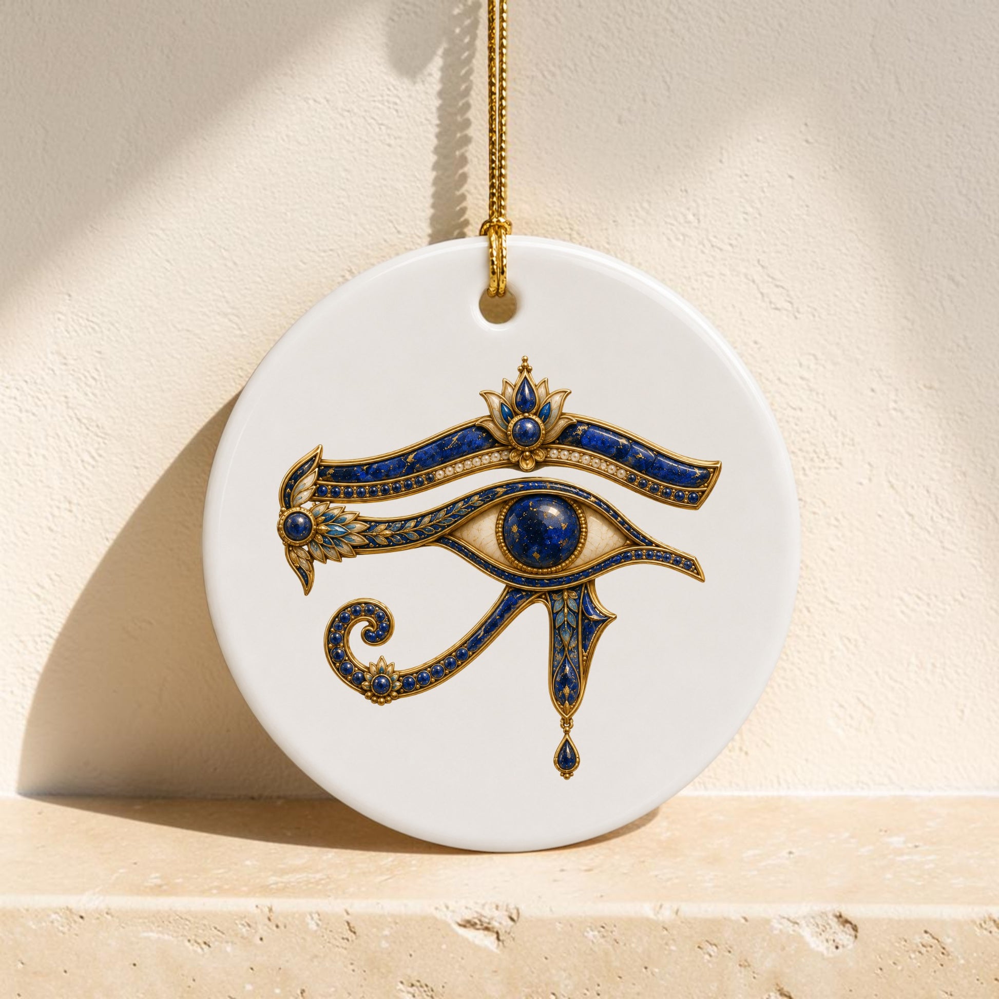 The Eye of Horus Ornament | Egyptian Ceramic Ornament by Mirabilia Boutique is a round, white ceramic ornament adorned with an ornate lapis and gold design inspired by the ancient Egyptian symbol. Suspended from a shimmering gold string, it rests on a light stone surface beneath soft sunlight and delicate shadows.