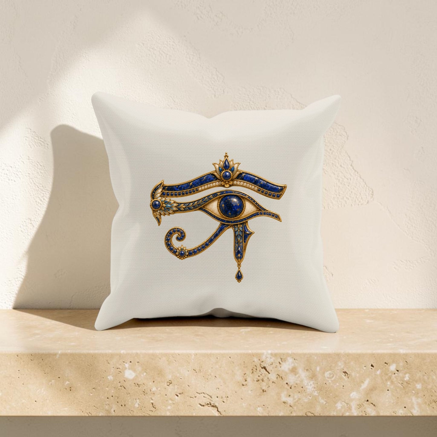 The Eye of Horus Decorative Pillow by Mirabilia Boutique, featuring a striking gold and blue Eye of Horus design on white fabric, rests on a beige stone surface against a light textured wall—an ideal way to bring elegant Egyptian home decor to any room.