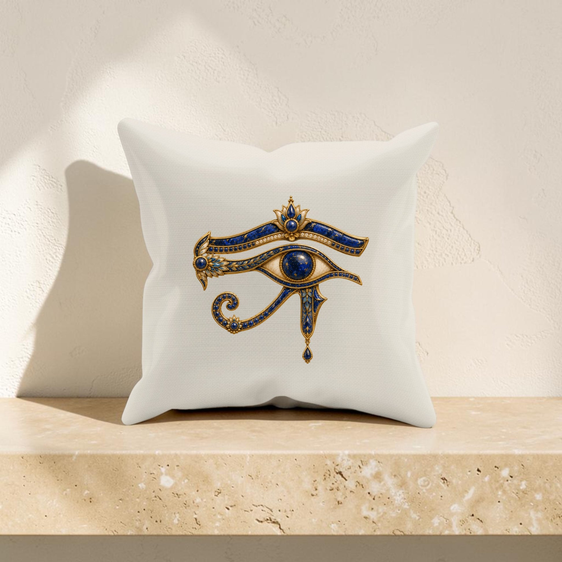 The Eye of Horus Decorative Pillow by Mirabilia Boutique, featuring a striking gold and blue Eye of Horus design on white fabric, rests on a beige stone surface against a light textured wall—an ideal way to bring elegant Egyptian home decor to any room.