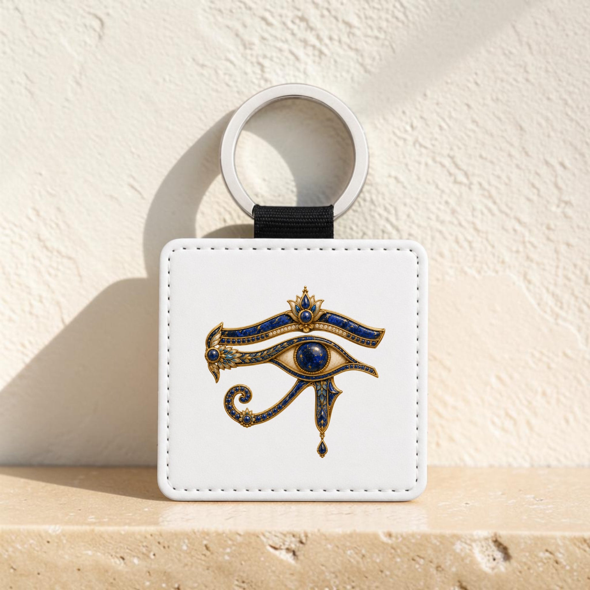 The Mirabilia Boutique Eye of Horus Keychain | Ancient Egyptian Keepsake, featuring a white square design adorned with a gold and lapis blue Eye of Horus symbol, stands upright on a beige stone surface against a textured light wall.