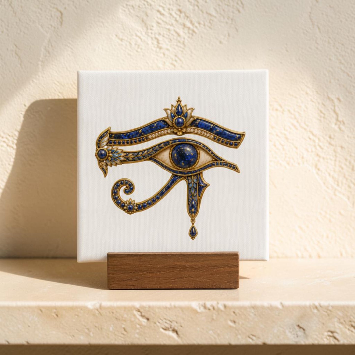 The Eye of Horus Mini Sign by Mirabilia Boutique is a decorative tile in striking blue and gold, displayed on a wooden holder atop a light-colored surface against a textured wall. Inspired by ancient Egyptian symbolism, this elegant accent brings timeless lapis and gold decor to any space.
