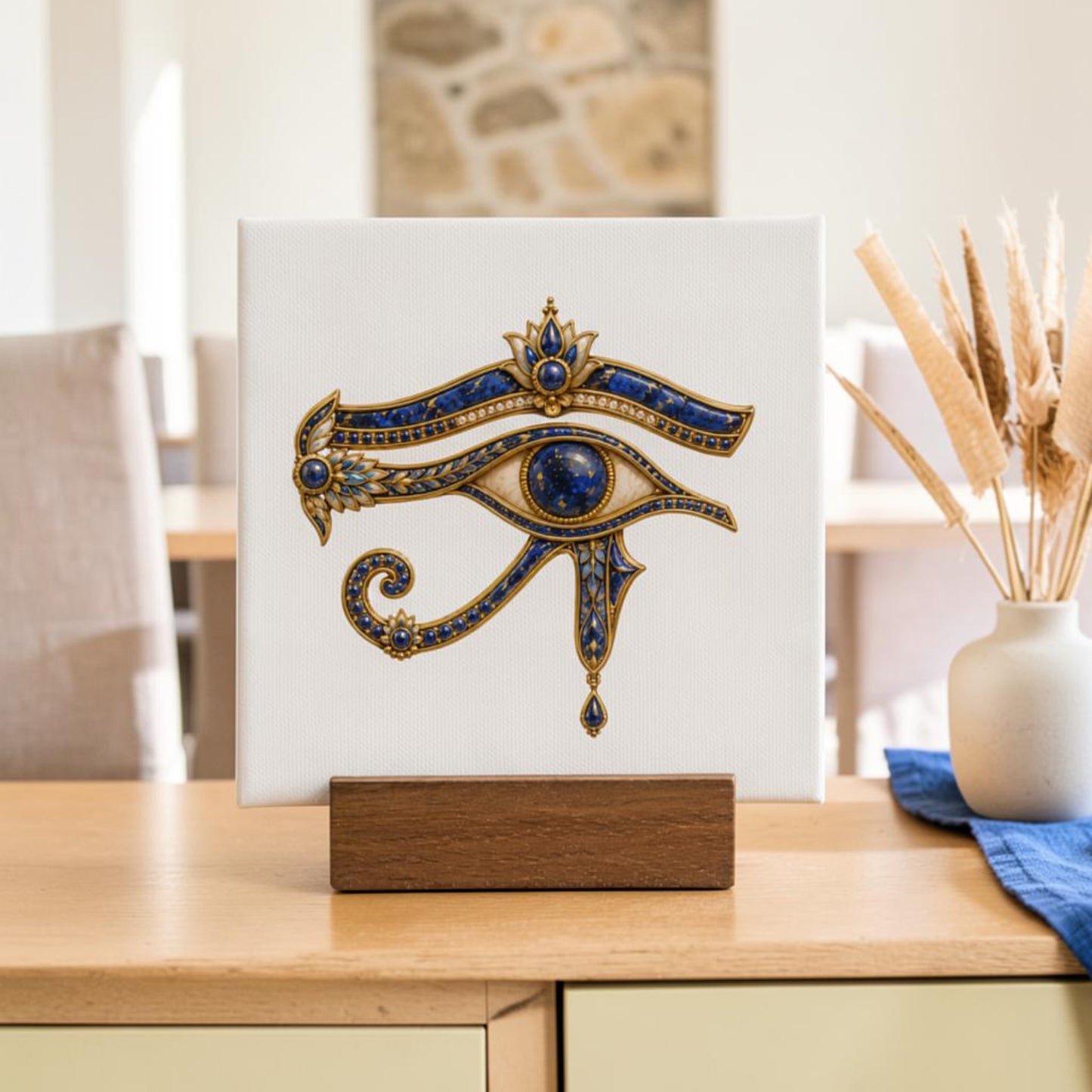 The Eye of Horus Mini Sign by Mirabilia Boutique, inspired by ancient Egyptian symbolism and adorned with jewel-like lapis and gold accents, is displayed on a wooden base atop a dining table. Neutral chairs and a vase of dried grasses serve as a backdrop, enhancing the decorative charm of this unique piece.