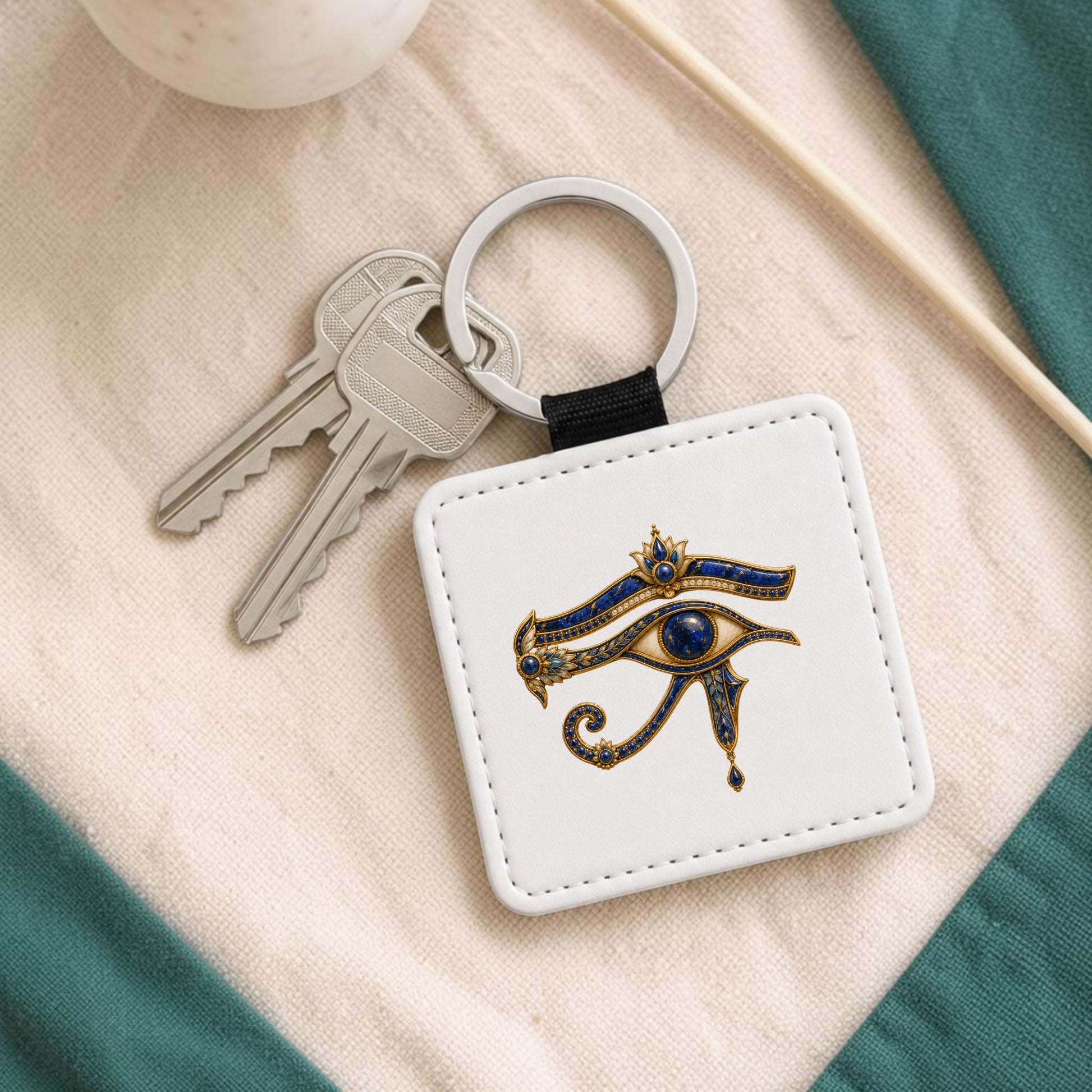 The Eye of Horus Keychain | Ancient Egyptian Keepsake by Mirabilia Boutique, adorned with an ornate lapis blue and gold design on white, rests on a fabric surface alongside two silver keys. Green and beige cloths are partially visible around it.