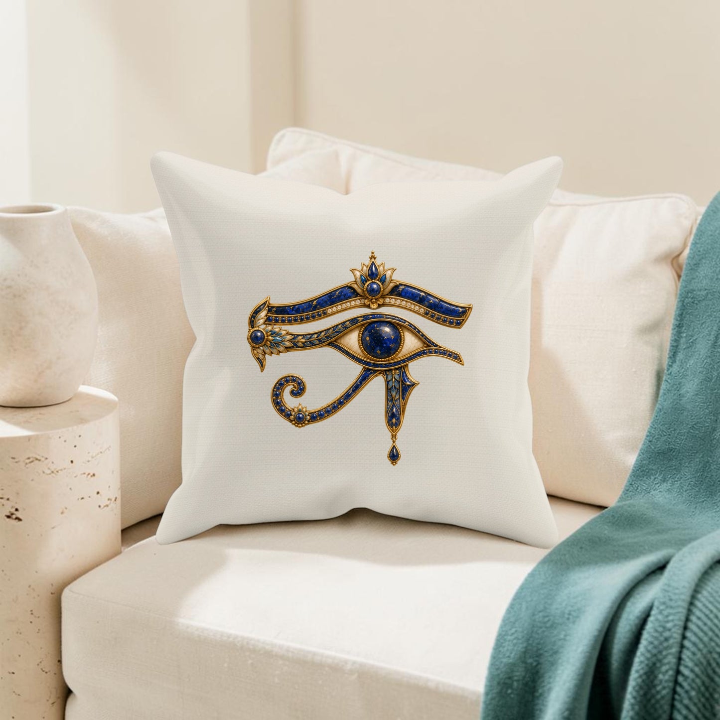 The Eye of Horus Decorative Pillow by Mirabilia Boutique, featuring a detailed gold and blue design, rests on a cream sofa beside a turquoise blanket and a light-colored ceramic vase, infusing the room with an elegant touch of Egyptian home decor.