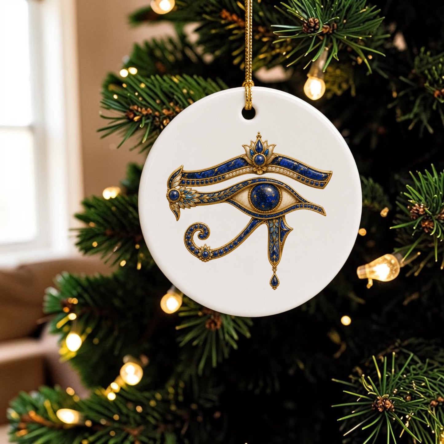 A round Eye of Horus Ornament from Mirabilia Boutique, crafted in ceramic and showcasing a lapis and gold design inspired by the ancient Egyptian symbol, hangs on a Christmas tree adorned with white lights.