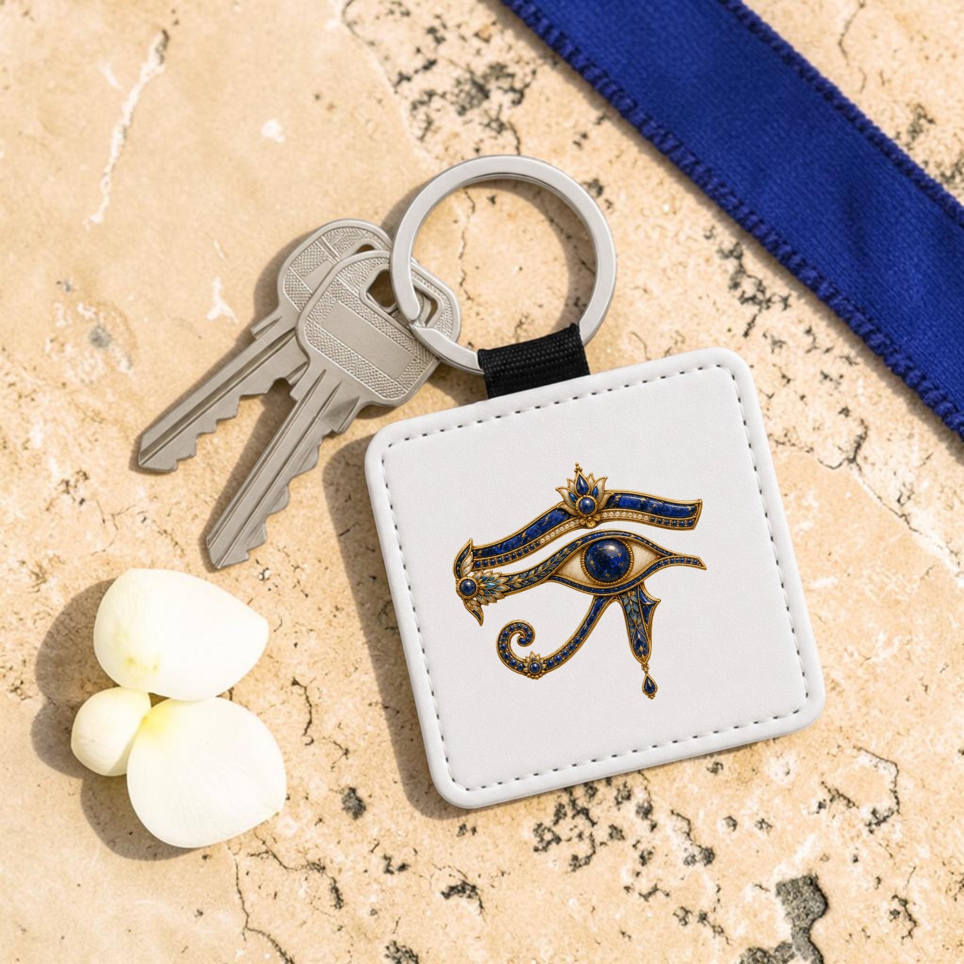 The Eye of Horus Keychain | Ancient Egyptian Keepsake by Mirabilia Boutique, featuring a square shape adorned with an ornate ancient Egyptian symbol, rests on a stone surface alongside two silver keys, three white flower petals, and a lapis blue ribbon.
