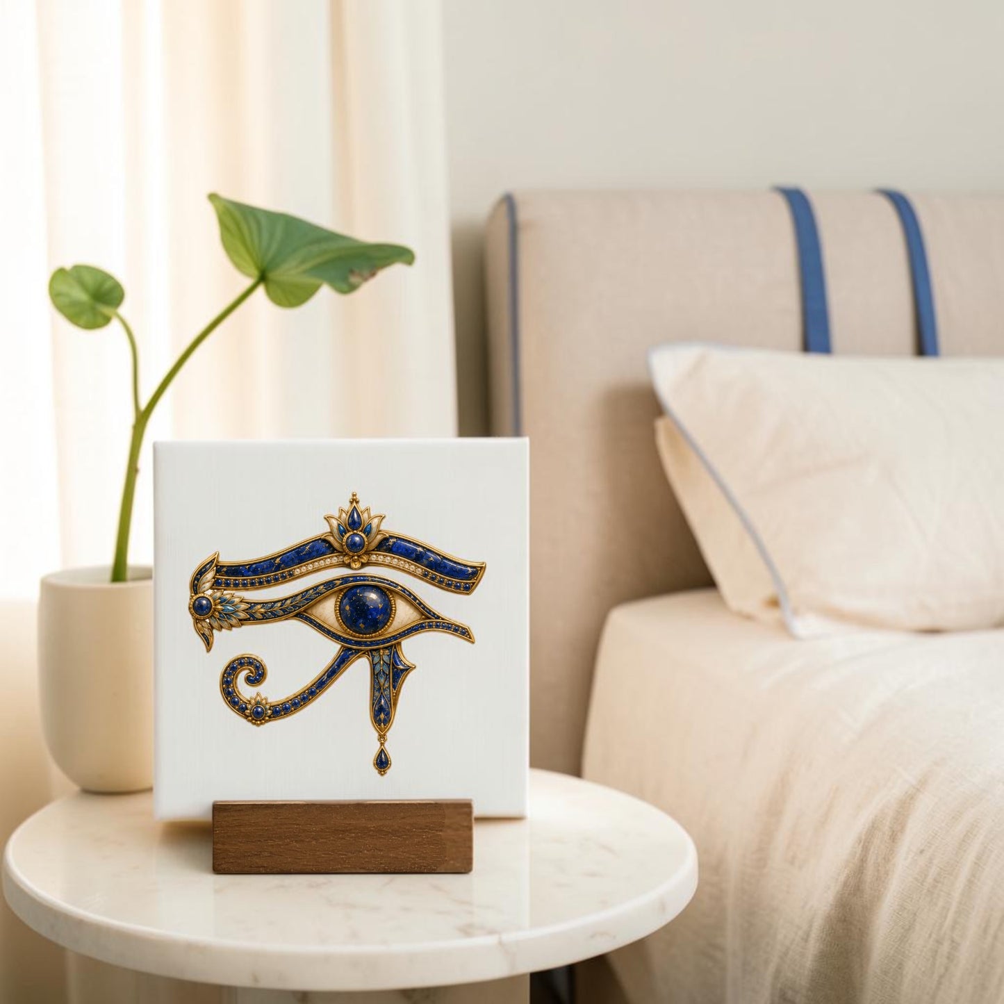 The Eye of Horus Mini Sign by Mirabilia Boutique, featuring a jeweled ancient Egyptian design, rests on a small round table beside the bed. A potted plant and beige bedding complete the softly lit, cozy atmosphere of the room.