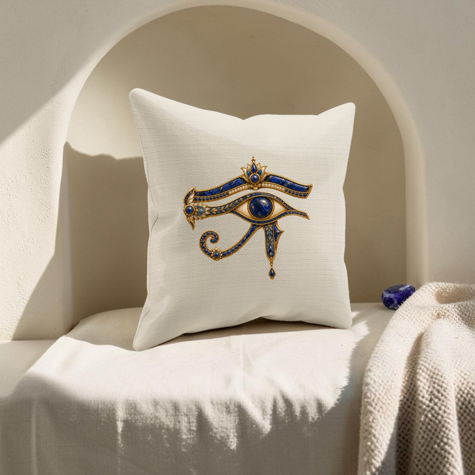 A Mirabilia Boutique Eye of Horus Decorative Pillow—a white accent pillow featuring an intricate blue and gold Eye of Horus design—rests on a cushioned seat in a sunlit alcove, introducing a touch of Egyptian home decor beside a textured beige blanket and a small blue stone.