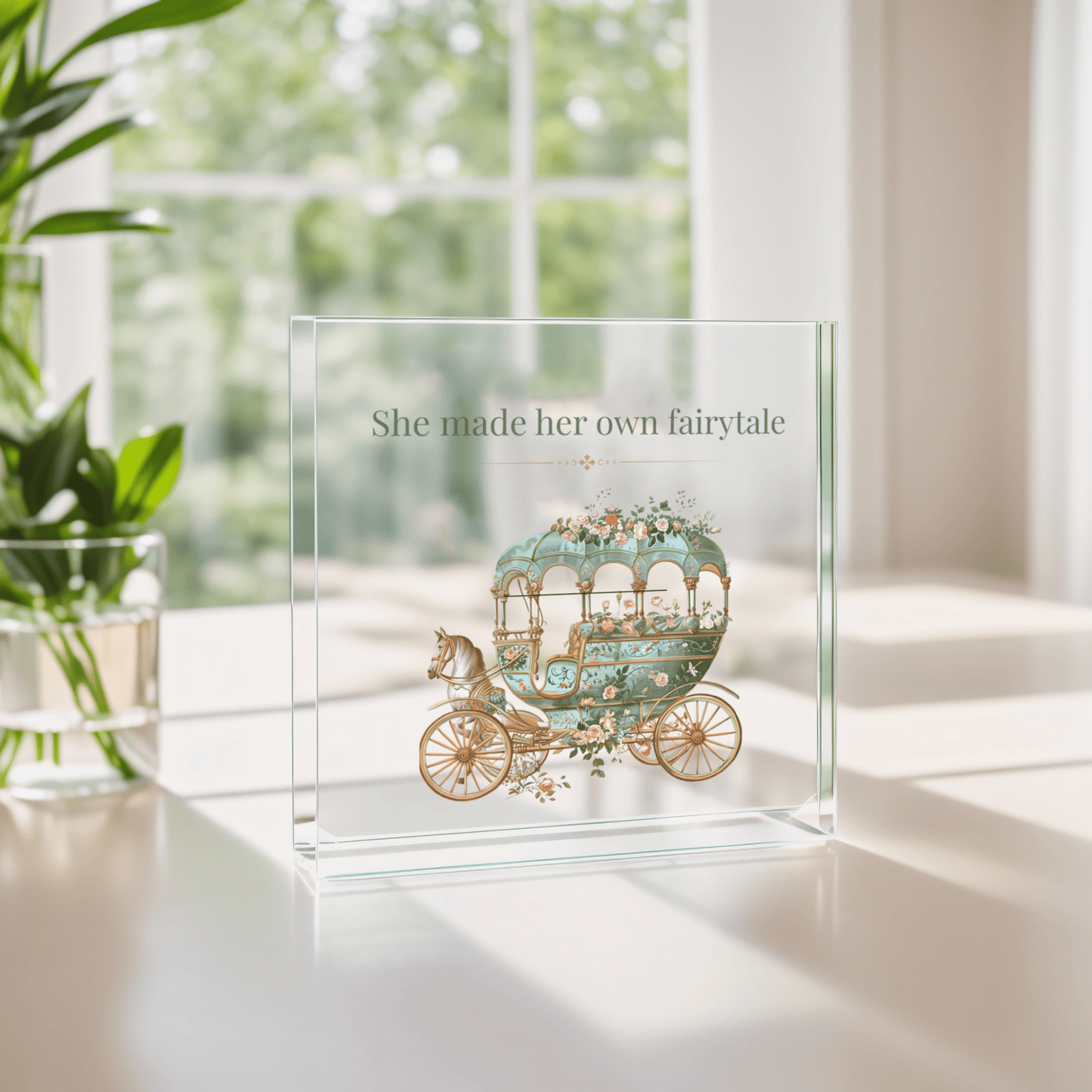 The She Made Her Own Fairytale Acrylic Quote Block by Mirabilia Boutique features a floral carriage design and empowering quote—an ideal decorative gift for any space. Available in 3x3 or 4x4 sizes.