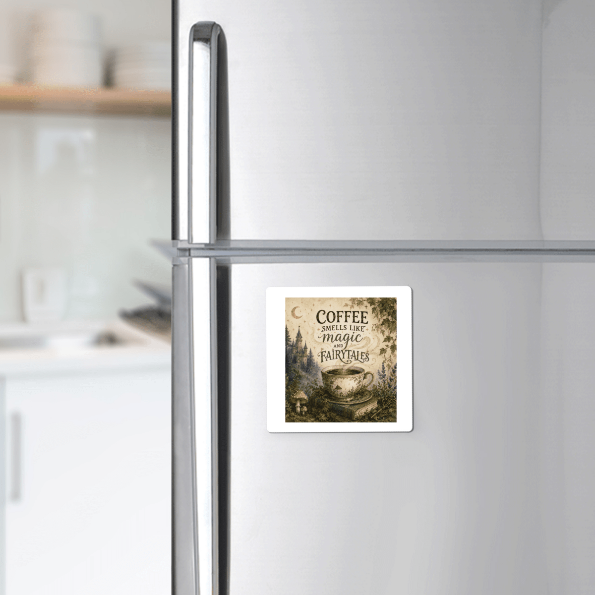 A square Coffee Smells Like Magic And Fairytales Magnet by Mirabilia Boutique adds whimsical forest and coffee cup art, along with the enchanting phrase "Coffee smells like magic and fairytales," to your silver refrigerator. This fairy tale-inspired kitchen accessory brings a magical touch to your space, with softly blurred kitchen shelves in the background.